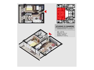 Apartament 2 camere tip studio , bloc nou, 51mp utili, pret 60.000 Euro